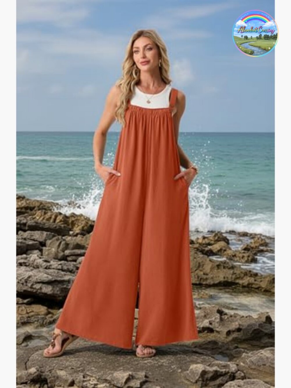 Boho Wide Leg Jumpsuit with Pockets Adjustable Romper - Picture 2 of 7